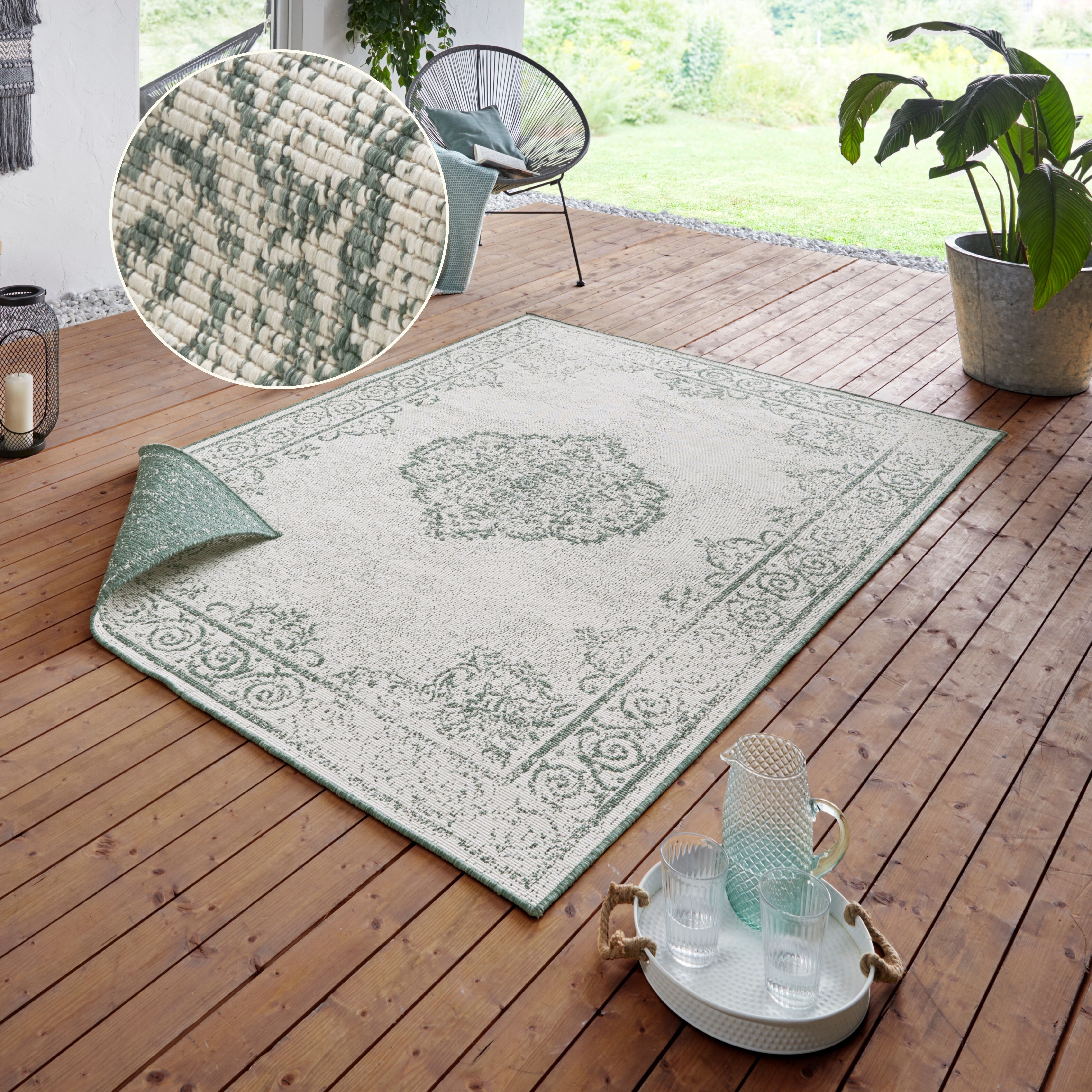 Teppich HANSE HOME "CEBU Wendeteppich", beige (creme, grün), B:240cm H:5mm L:340cm, Polypropylen (PP), Teppiche, Teppich, In-& Outdoor, Wetterfest, Balkon, Wohnzimmer, Wasserfest, Orientalisch creme, grün B : 240cm 1 Stk., 5mm, L: 340cm