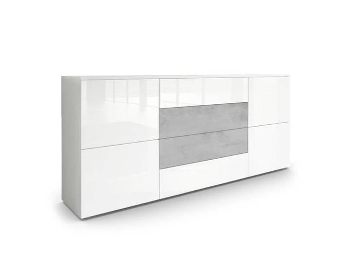 Vladon Buffet dressoir Rova en Blanc mat - Blanc haute brillance - Aspect Béton Oxyde