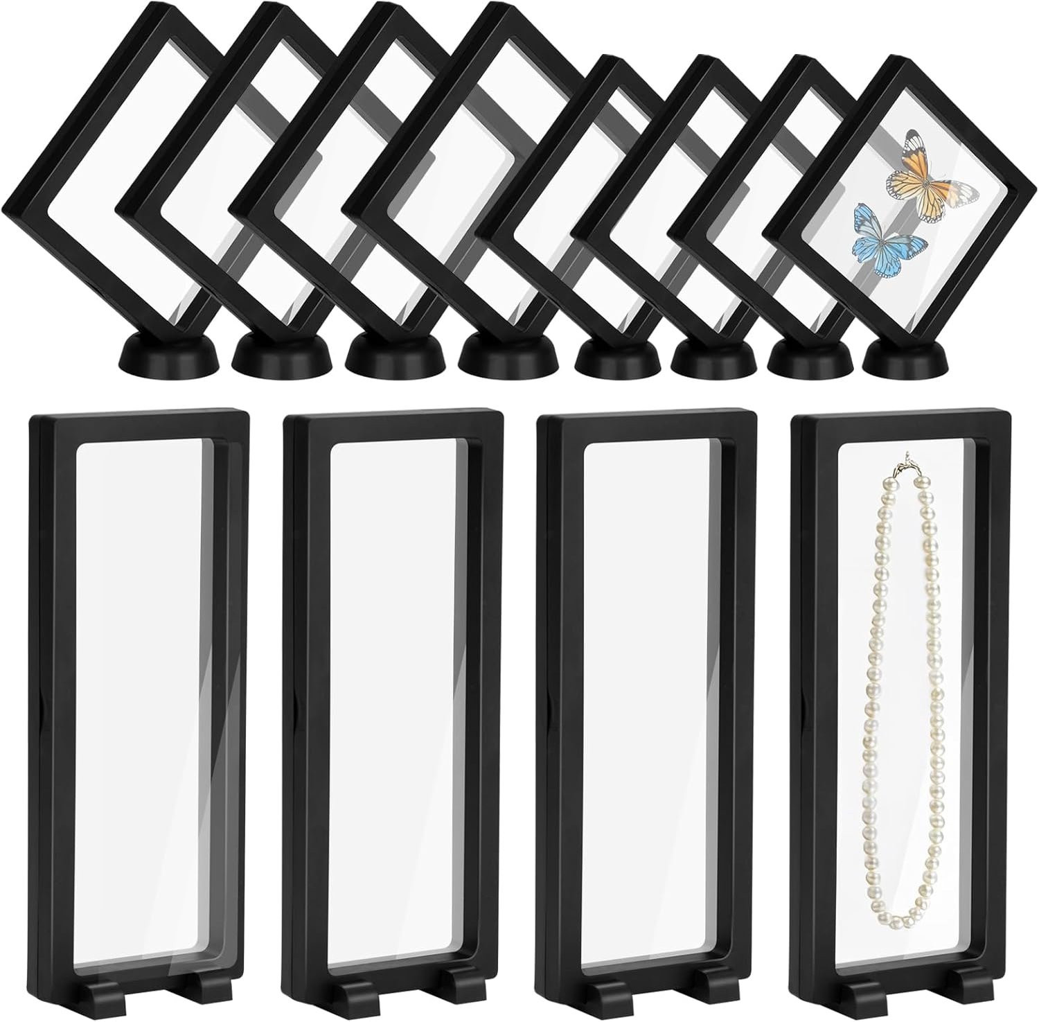 Set van 12 transparante 3D zwevende frames met zwarte muntenhouder voor sieraden en display