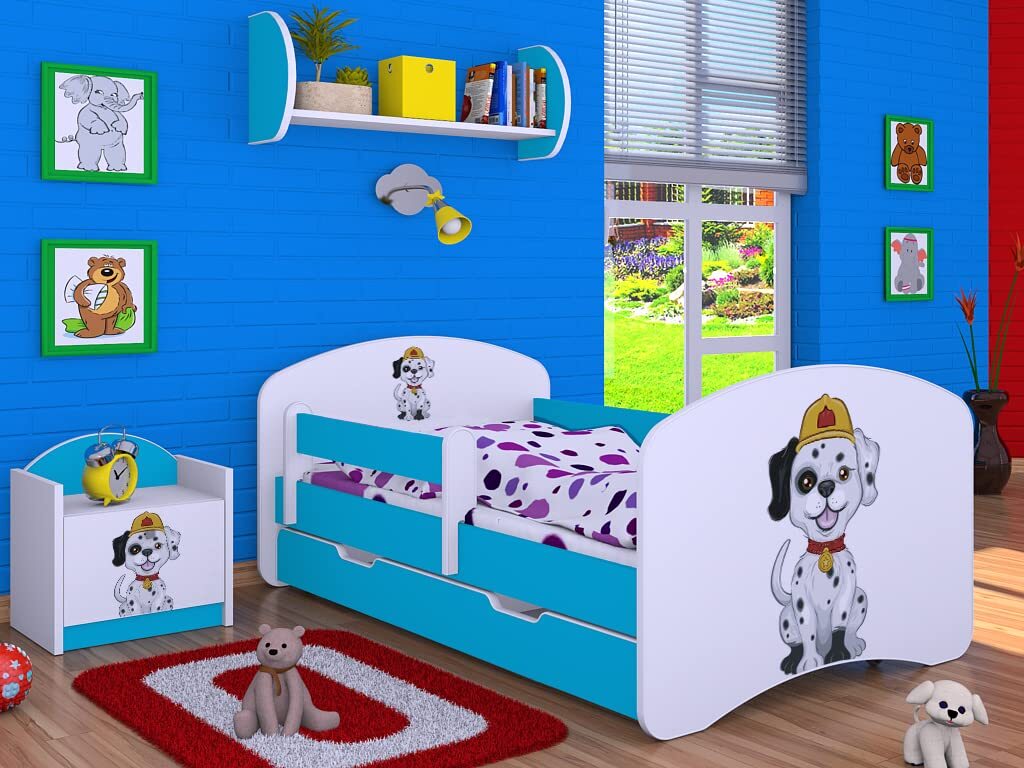 BDW, Kinderbett mit Rausfallschutz, Matratze, Schublade, Blau Superhund, 2, 190x90cm
