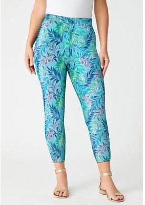 Plus Size Women's Plus Size Essential Stretch Capri Legging by Roaman's in Light Aqua Waterfall Palm (Size 26/28) Activewear Workout Yoga Pants