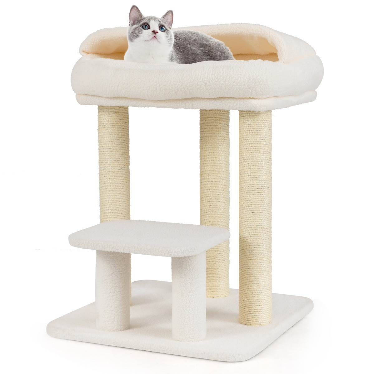 Costway Kleine Krabpaal voor Huiskatten, Katten Toren met Pluche Bovenligplaats, Wit