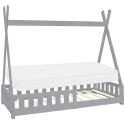 ML-Design Kinderbett Tipi 80x160 cm Hellgrau mit Matratze, Rausfallschutz & Lattenrost, Indianer Hausbett mit Zaun aus Kiefernholz, Bodenbett