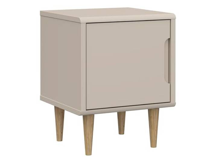 Forte Sherbrooke Nachtschrank 50, moderner Skandi-Stil, leichte Montage Dank EasyKlix by Forte, Tür mit Griffmulde, hohe Füße, Holzwerkstoff, Kaschmir Beige, 44,8 cm breit x 57,8 cm hoch x 43 cm tief
