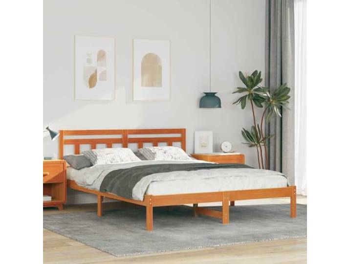 Bettrahmen Braun 150 x 200 cm Massives Kiefernholz Mit Kopfteil, Plattform-Lattenrost, Quadratische Beine, Einfacher Aufbau, Pflegeleicht