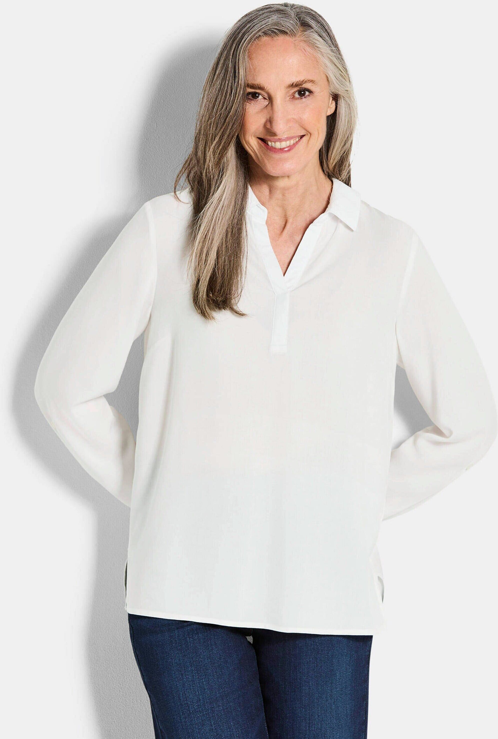 Klassische Bluse GOLDNER "Zeitlose Viskosebluse mit Hemdkragen", Damen, Gr. 48, weiß, Obermaterial: 100% Viskose CV., Modisch, Blusen Klassische Bluse, Hemdkragen