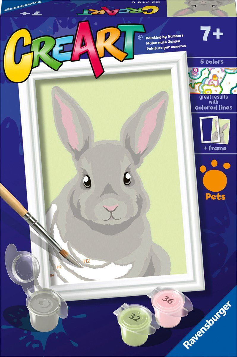 Ravensburger CreArt Gray Rabbit Schilderen op nummer met acrylverf op waterbasis