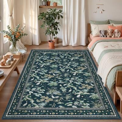 Garvee Modern Crane Botanical Non-Slip Washable Area Rug for Living Room