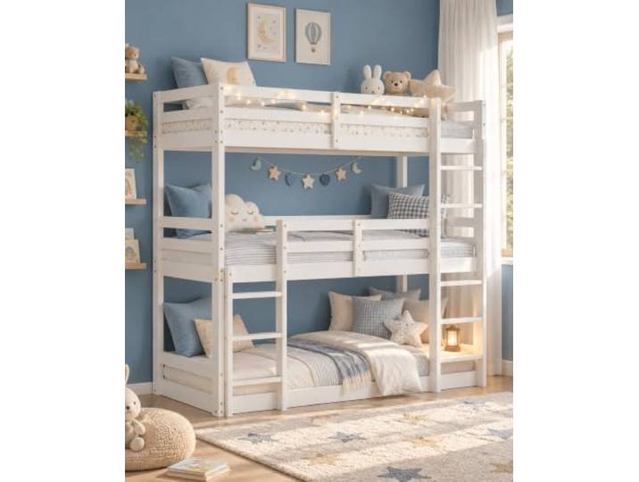 Homestyle4u Dreifach Etagenbett 90x200 cm - Weißes Massivholz Hochbett Stockbett für 3 Personen aus Kiefer - Inklusive Lattenrost & Leitern - Platzsparendes Kinderbett für 3 Kinder