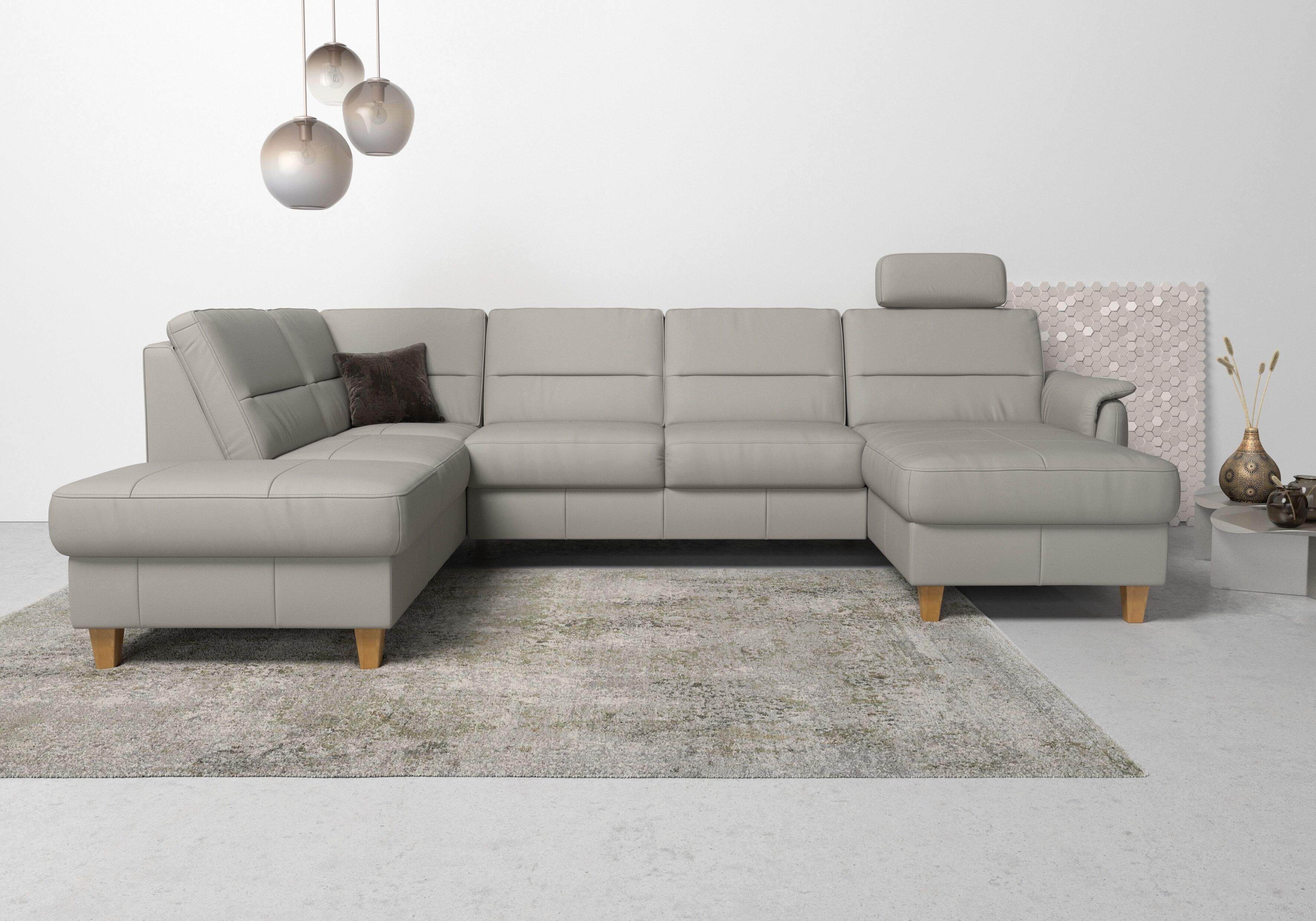 Wohnlandschaft HOME AFFAIRE "Palmera U-Form, B: 308 cm, grosse Stoff + Leder Auswahl", grau (lightgrau), Sofas, B/H/T: 308cm x 89cm x 212cm, NaturLEDER Stoff, Ottomane links, Ohne Funktion, Luxus-Microfaser (100% Polyester);Struktur (100% Polyester);Luxus