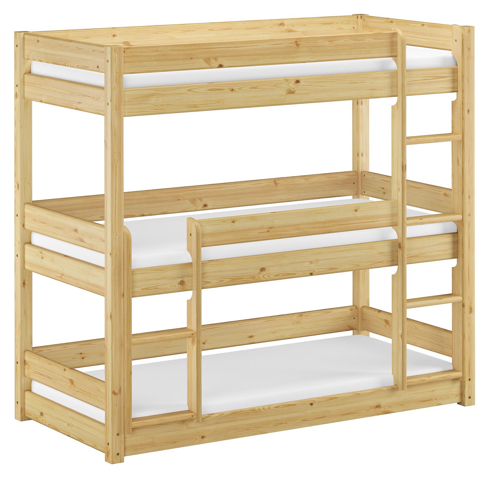 Dreier-Stockbett für drei erwachsene Personen 80x200 Kiefer massiv natur Zubehör wählbar V-60.03-08Rollrost und Matratze inkl.
