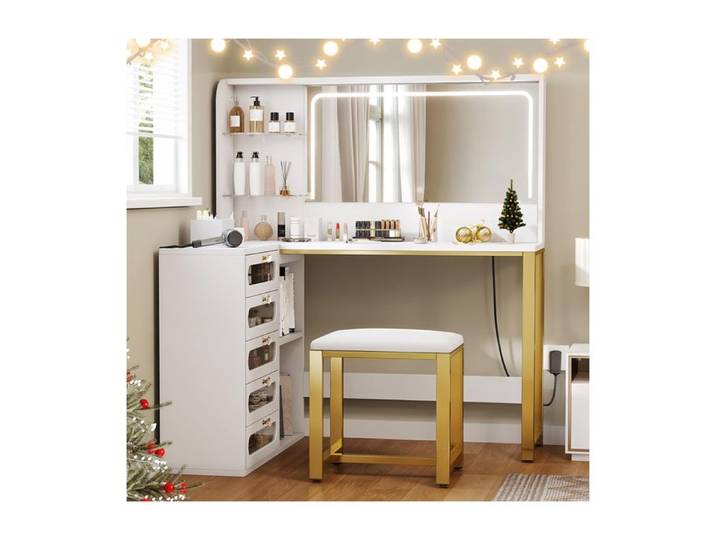 ADWOLT Coiffeuse d'Angle en L avec Miroir Lumineux LED 5 Tiroirs & Étagères Tabouret Inclus 120x80x135cm Blanc et Or