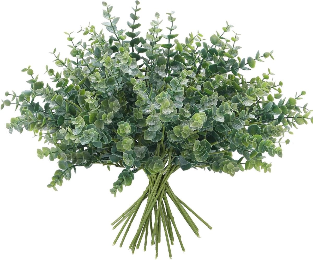 Set van 12 kunstmatige eucalyptus stengels voor binnenhuis decoratie, groen