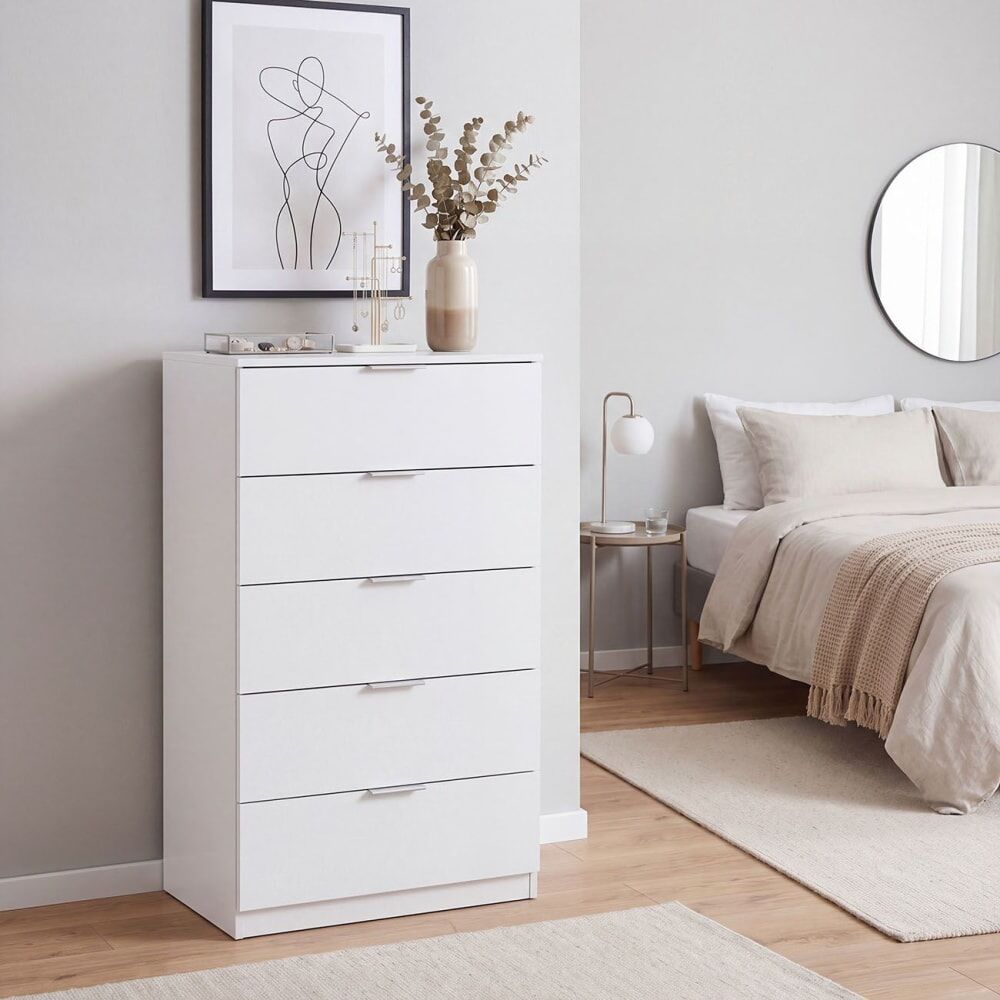 duehome Cómoda alta de 5 cajones 60x110 cm melamina blanco artik