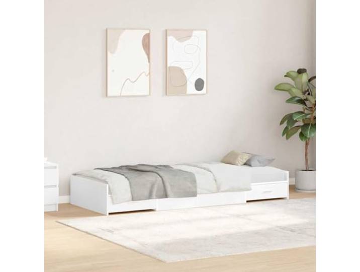 Massives Kiefernholz Bettgestell stilvolles Design Weiß 100 x 200 cm Bettrahmen mit Kopfteil Weiß 100x200 cm Holzwerkstoff Bettgestell mit Schubladen Stauraum Kiefernholz Modernes Einzelbett
