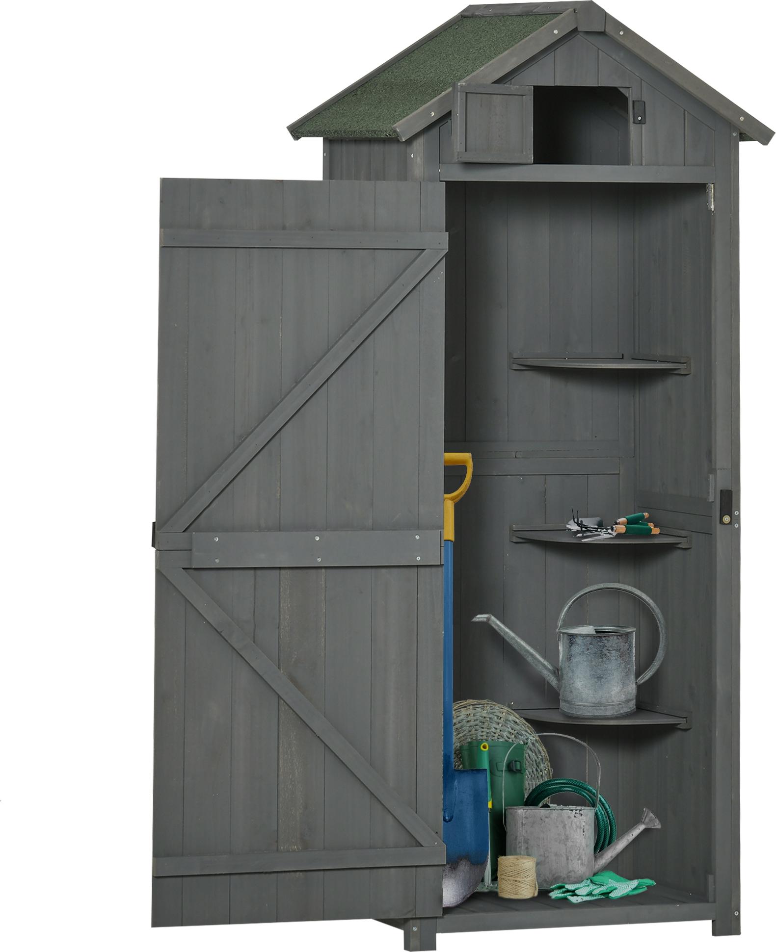Gartenschrank Holz, Geräteschuppen wetterfest 77x54,2x179cm, Gerätehaus mit Tür, Satteldach, Geräteschrank mit Böden, Werkzeugschrank Gartenschuppen für Garten, Terrasse, Grau+Grün