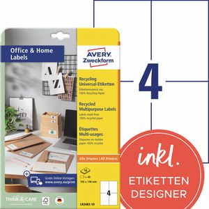 Zweckform Universaletiketten LR3483-10 Recycling, weiß, 105 x 148mm, 10 Blatt, 40 Stück
