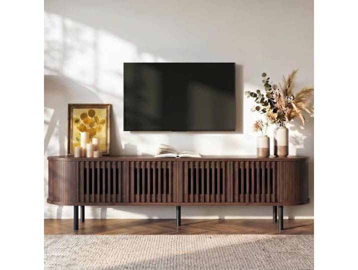 Fiednoy TV Schrank Walnuss 178cm Für 75 Zoll Fernseher TV-Lowboard mit 4 Flügeltüren, Lamellenfront, Soft-Close-Scharniere Und Kabelmanagement Für Wohnzimmer Und Schlafzimmer