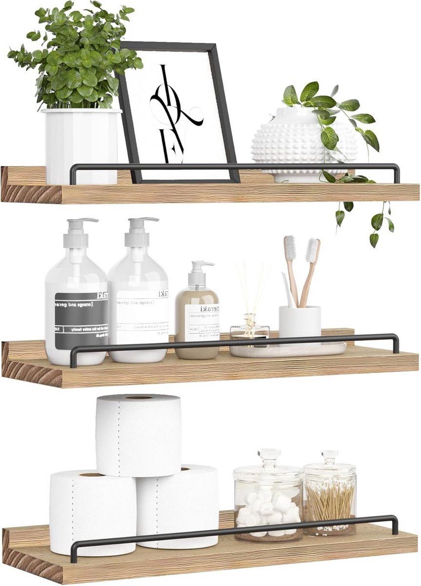 Set van 3 Zwevende Houten Wandplanken Lichtbruin voor Woonkamer, Badkamer of Keuken