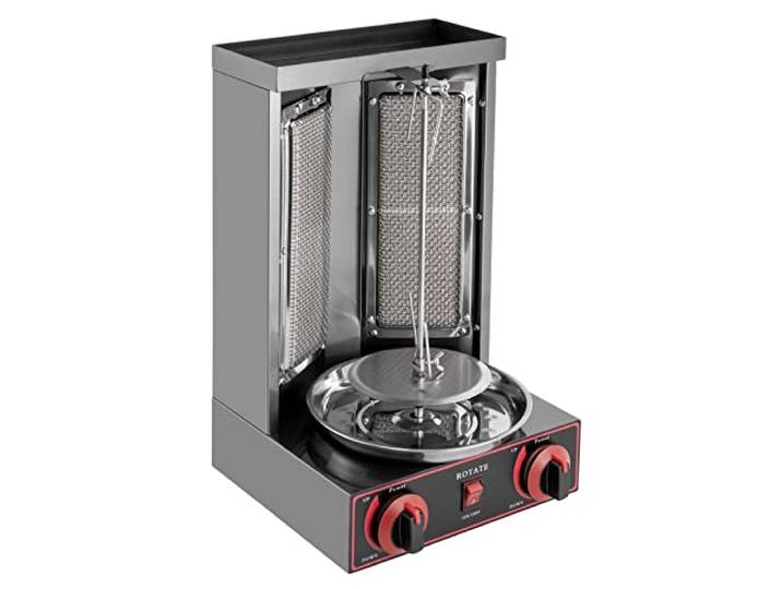 Dönergrill, Tischgrill Vertikale Broiler Gaskochmaschine, Shawarma Gyro Grill, 3000W 2 Brenner Gas Edelstahl Gas Döner Kebab Maschine, Spinnen Döner Kebab, mit 360° Drehbar, Tischgrill, BBQ