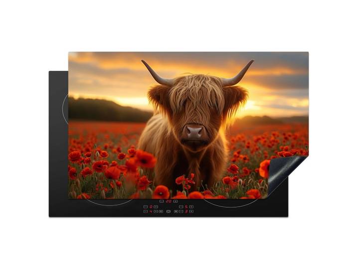 HERDABDECKPLATTE Schottische Highlander - Rosen - Blumenfeld - Sonnenuntergang Induktionsmatte 83x51 cm