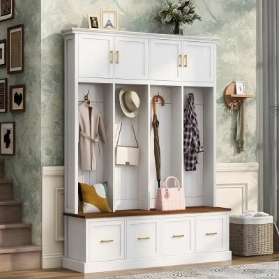 "Farmhouse 59.05"" Hall Tree with Wide Storage Bench, Entryway Shoe Cabinet with 8 Compartments and 4 Hooks"