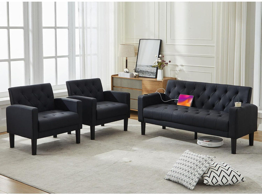 17 Stories Sofa Seats Modern Style Comfy Small Sofa with Pocket Storage 2 USB 2 Cup Holders Upholstered Couch for Living Room Bedroom Office Black Faux Leather 4 Seater