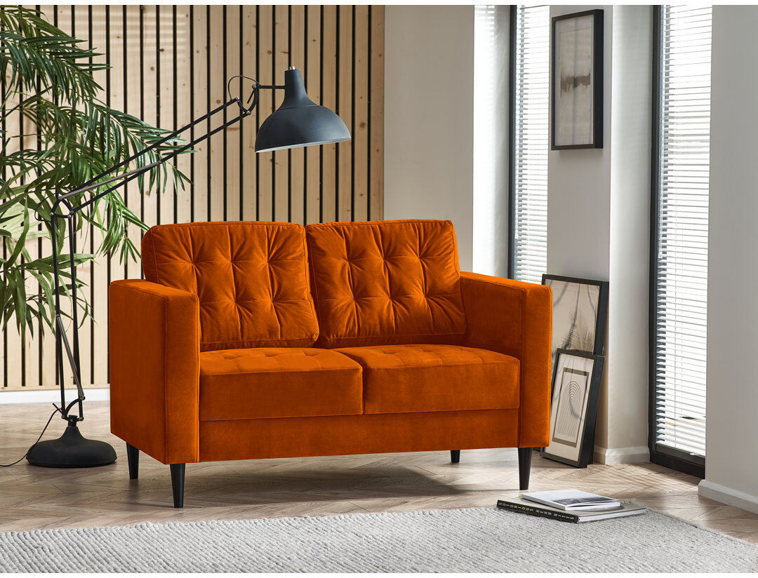 17 Stories Jodi Velvet Sofa - Upholstered Modern Retro Fabric Stylish & Contemporary Orange 2 Seater
