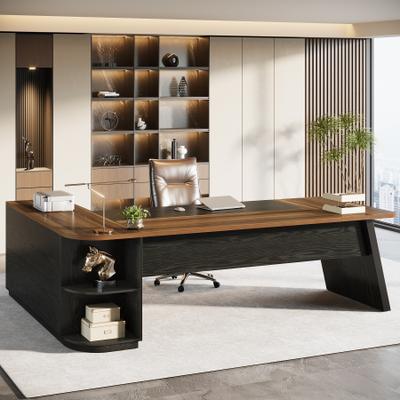 YUZHOU 79 Inch Large Executive Office Desk with Cabinet, L-Shaped Desk with Storage Shelves, Wooden Corner Desk for Home Office