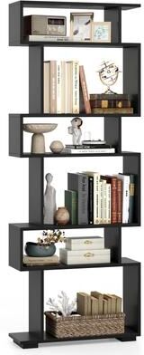 6-Tier Geometric Bookshelf S-Shaped Bookcase Wooden Display Shelf - 1 pcs