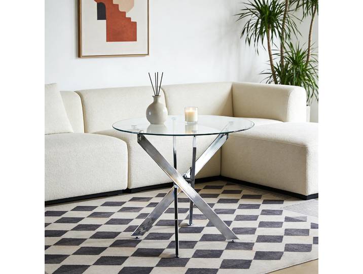 okwish Runder Esstisch mit Glasplatte und silberne Beine, Sofatisch Metallgestell in Kreuzform, Geeignet für das Esszimmer,Silber