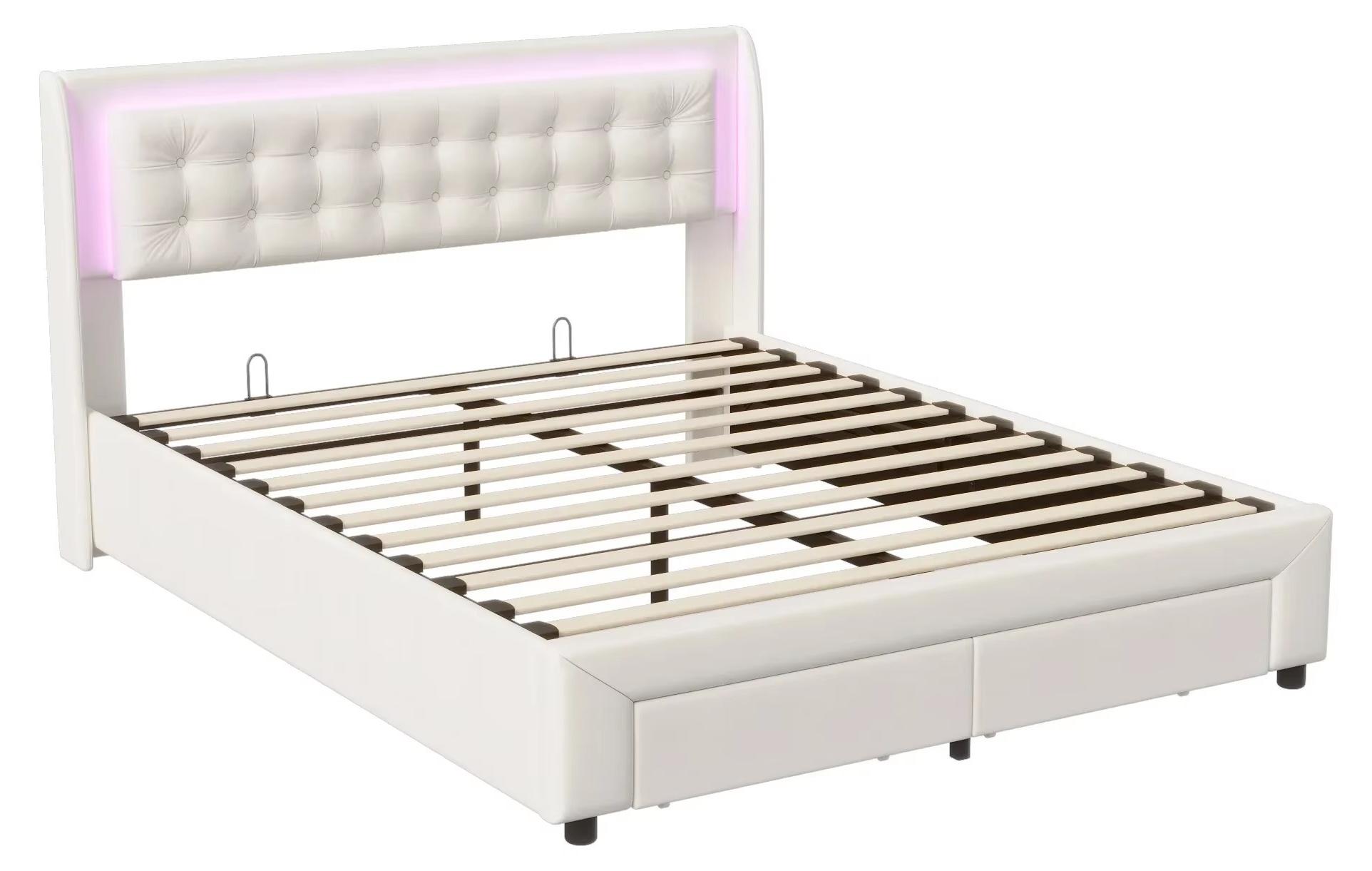 Bettgestell - Doppelbett 140 × 190 cm - Samtbezogen - Hydraulischer Stauraum - Schublade am Fußende - Stauraum im Kopfteil - Beige