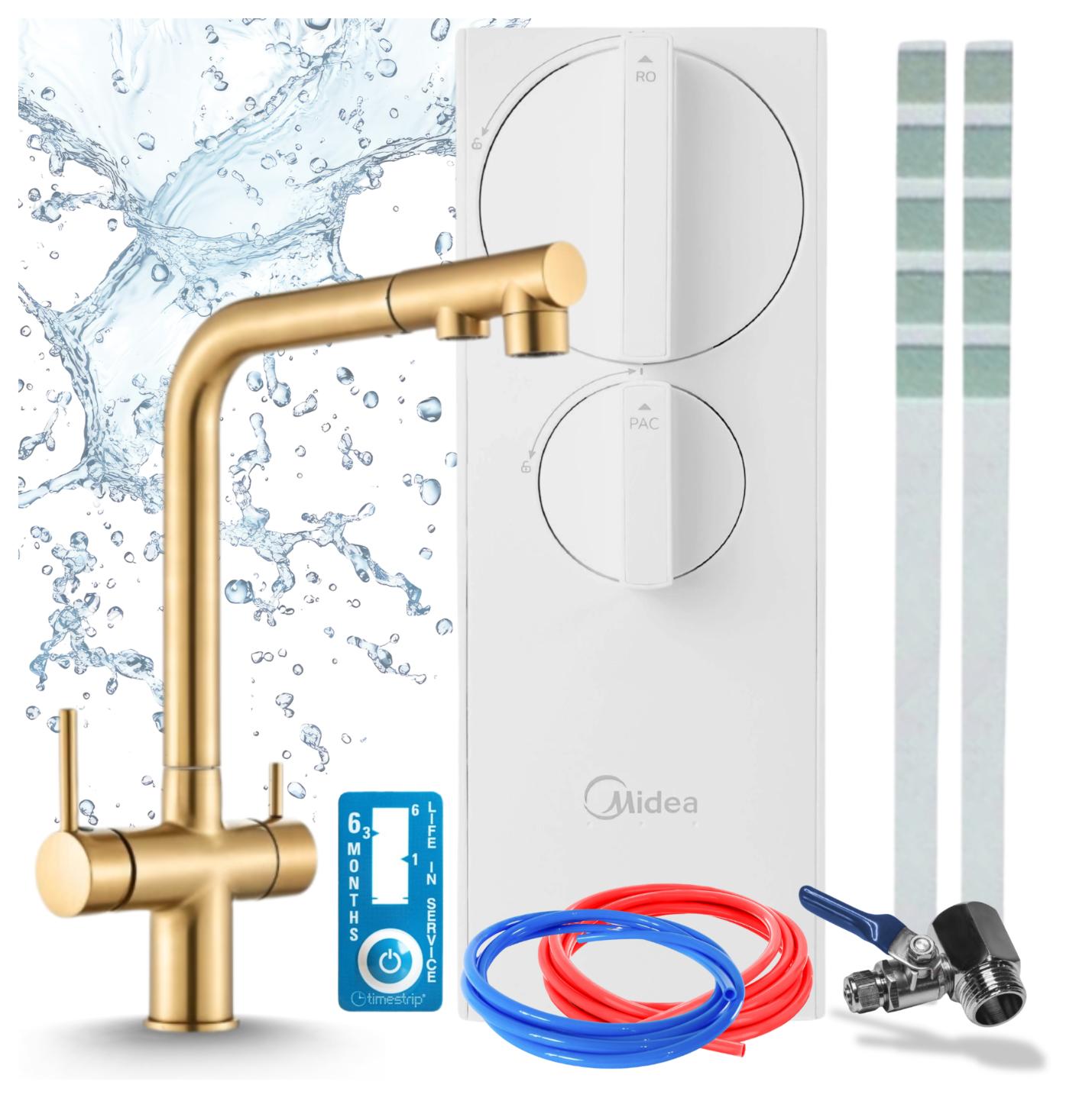 Küchenarmatur Mit Wasserfilter Ari Ro5 Osmose 400 Gpd, Zweigriffarmatur, Messing, Keramikventil, Ausziehbrause, 360 Grad Schwenkbar, Gebürstetes Gold