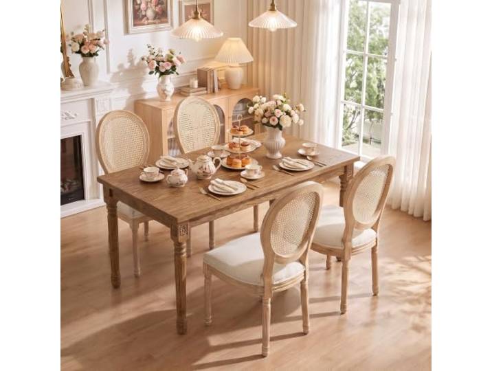 SoarTalent 4er Set Esszimmerstühle Rattan Ovalrücken, Beige Im französischen Landhausstil gefertigt, mit geschwungener ovaler Rückenlehne aus Rattan. Die gepolsterte Sitzfläche