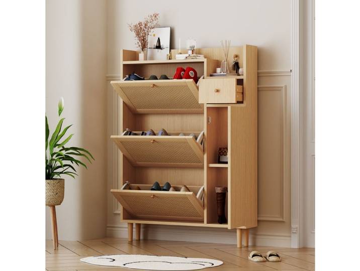 Meuble à chaussures 3 abattants 90x125x17 cm avec 1 tiroir et compartiment latéral MDF décor rotin naturel ORVRYN