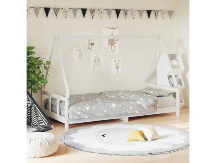 ZXQVLMRS Kinderbett-Gestell Kiefernholz Hausbett, 90x200 cm, Weiß Robustes Lattenrost-System, Niedrige Einstiegshöhe, Für Kinder ab 4 Jahren