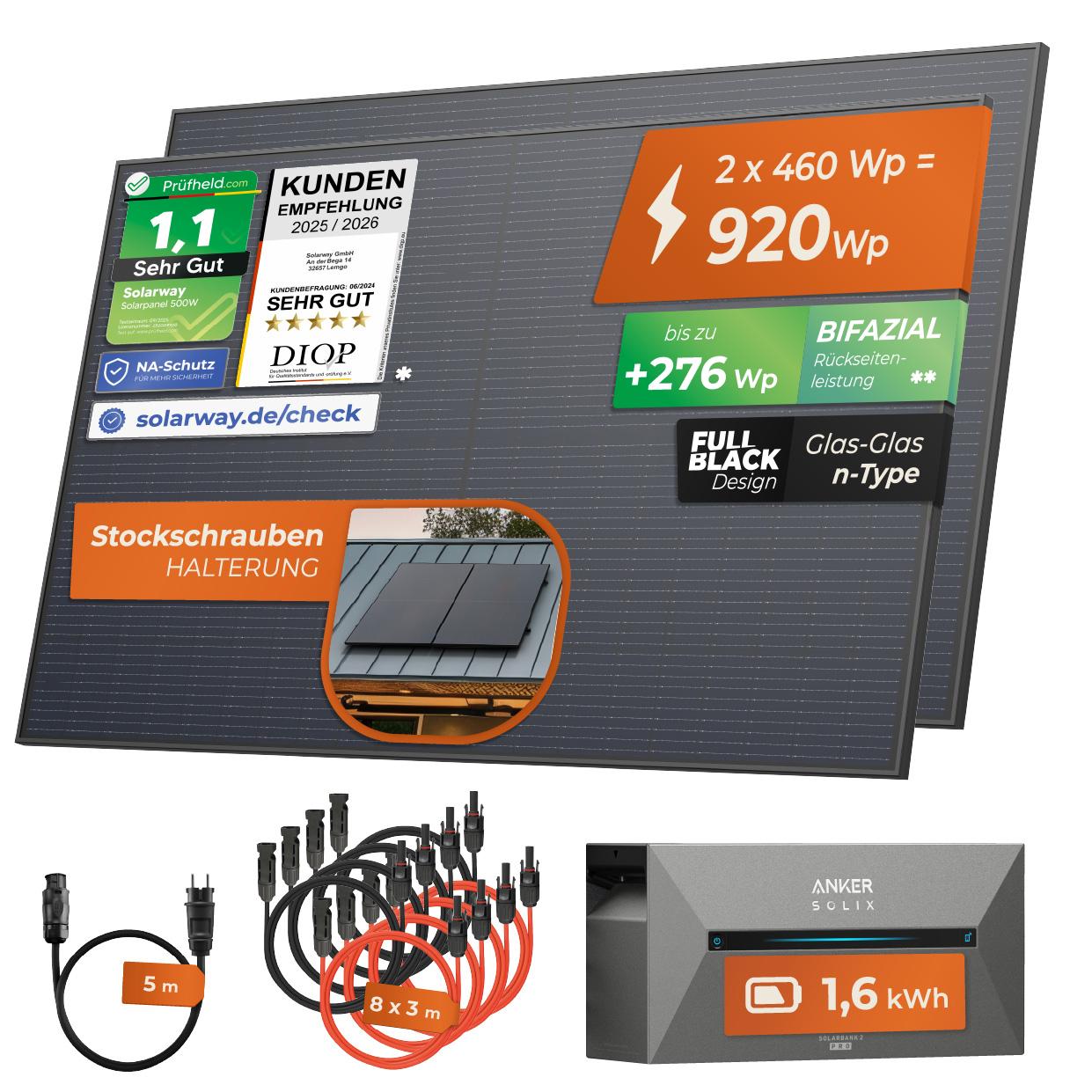 Solarway 920Wp / 800W Balkonkraftwerk mit 1,6 kWh Speicher komplett Steckdose - 1,6 kWh Anker SOLIX 2 PRO Speicher