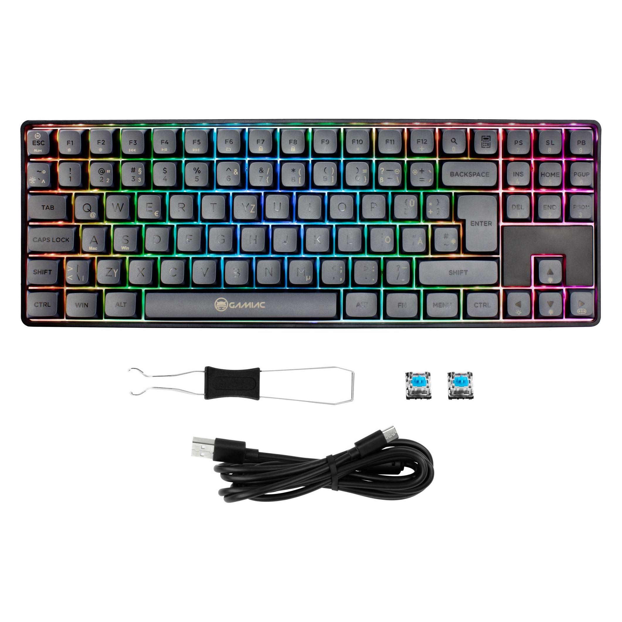 Gamiac TKL90G Gaming Tastatur, Kailh Blue Switches, RGB - schwarz/grau (DE, Kabelgebunden) (GAKM-G90DW24.11)