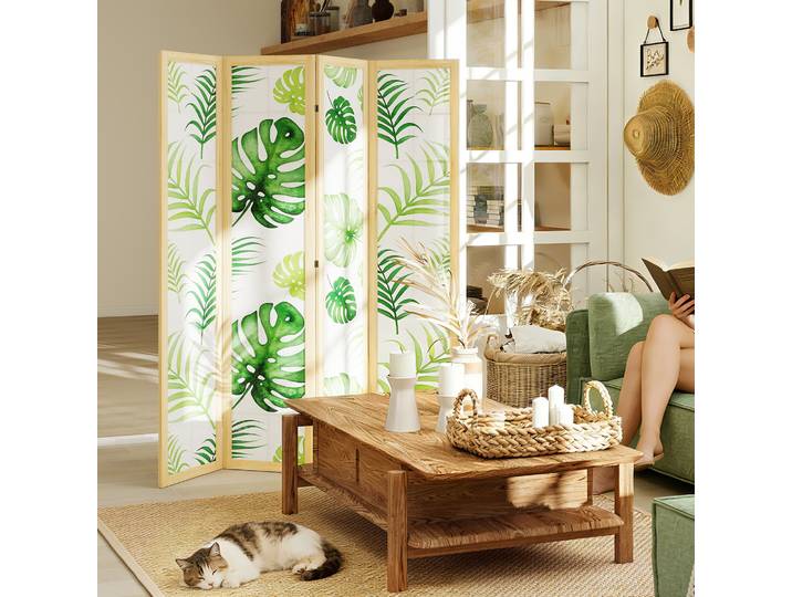 HOMCOM Paravent Bohème 4 Panneaux Pliable Cadre Bois Vert