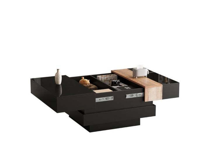 Table de salon carrée 70x70x39cm Table basse extensible avec rangement caché Table D'appoint de salon haute brillance noir
