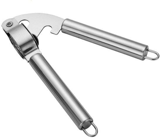 Multifunctionele knoflookpers, gembermolen en stamper met ergonomische handgreep, zilverkleurig