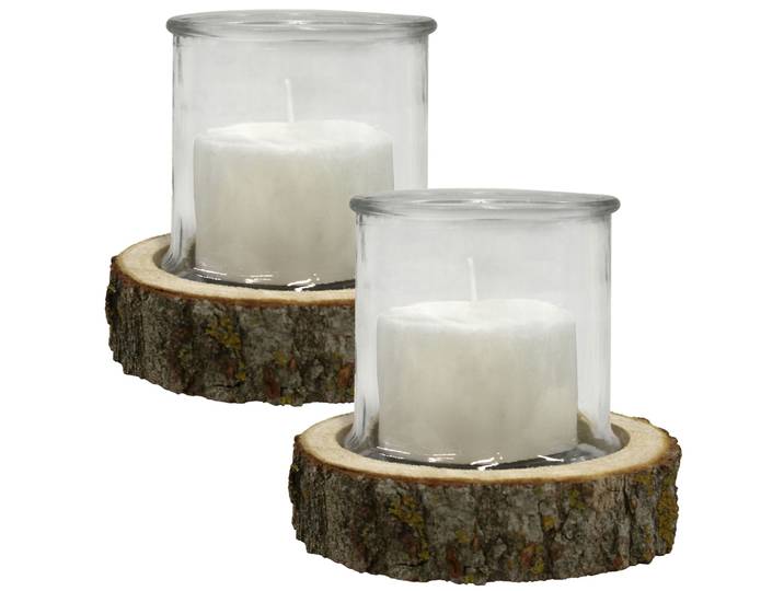 2er-Set Kerzenglas auf Holzsockel, Windlicht Natur, weiss, Ø 13 x 13 cm, Ø 18 x 4 cm