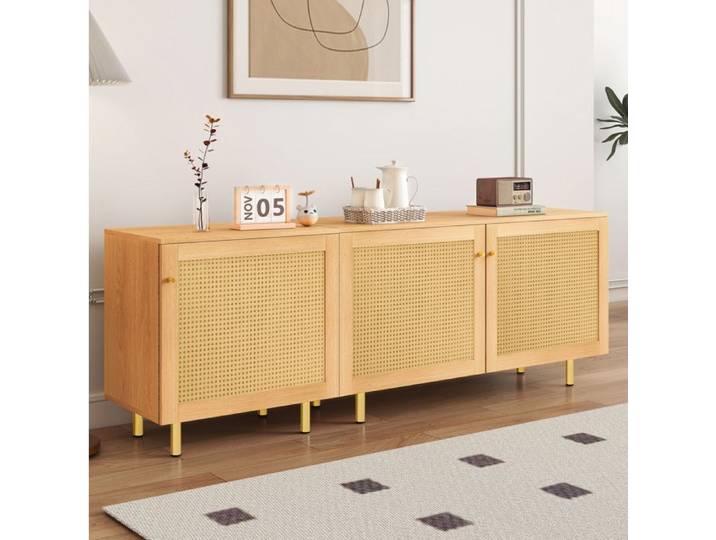 VUENOR Buffet bas 180 x 40 x 63 cm naturel – 3 portes effet rotin rangement modulaire