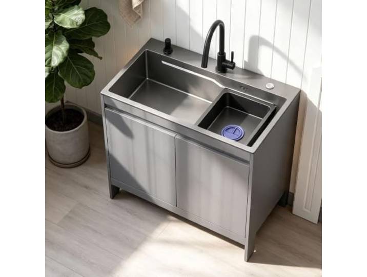 Küchenschrank Waschbecken, Grau, Freistehend Küchenschrank mit Waschbecken, 304 Edelstahl, Aluminium, Wasserhahn, für Küche und Waschküche(L:68cm)