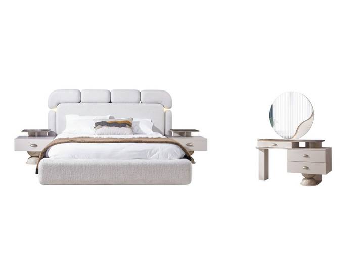 Villa Möbel Schlafzimmer-Set Avva, (Schlafzimmer-Set, 4-tlg., Bett mit Kopfteil, 2 Nachttische und Kommode), Polsterbett mit Stoffbezug wirkt weich ruhig und einladend