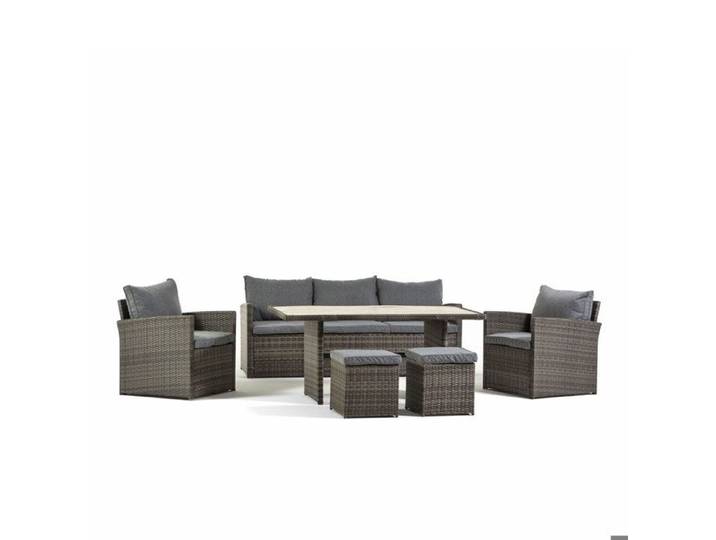 Salon de jardin 6 places en polyrattan avec canapé 2 fauteuils 2 poufs et table en polywood idéal jardin et terrasse - CATANIA