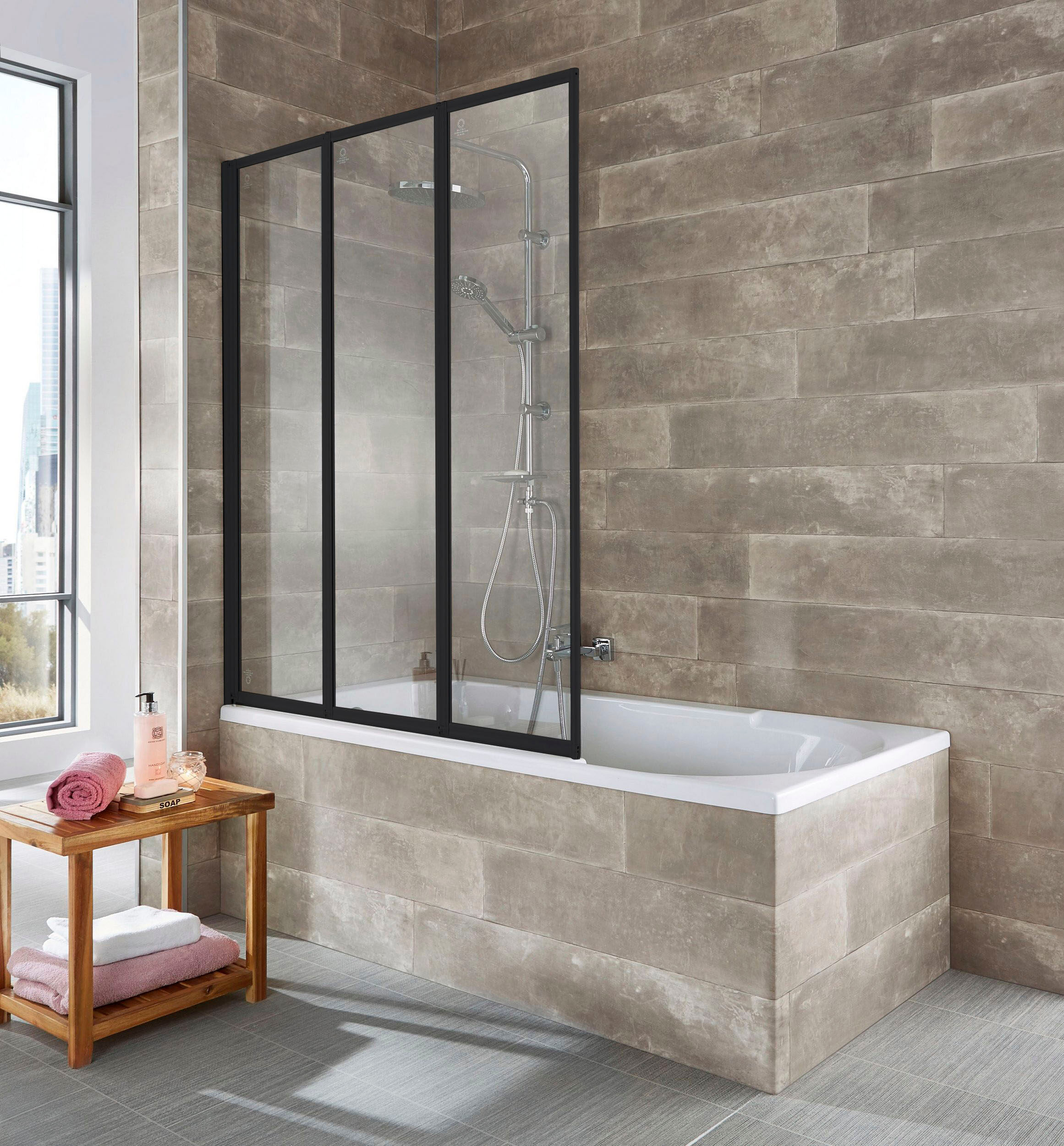 Badewannenaufsatz WELLTIME "Nassau", schwarz, B:120cm H:140cm, Duschwände, Badewannenaufsatz, Badewannenfaltwand, Spritzschutzwand für Badewanne, Glaswand schwarz B/H: 120cm x 140cm, beidseitigmontierbar