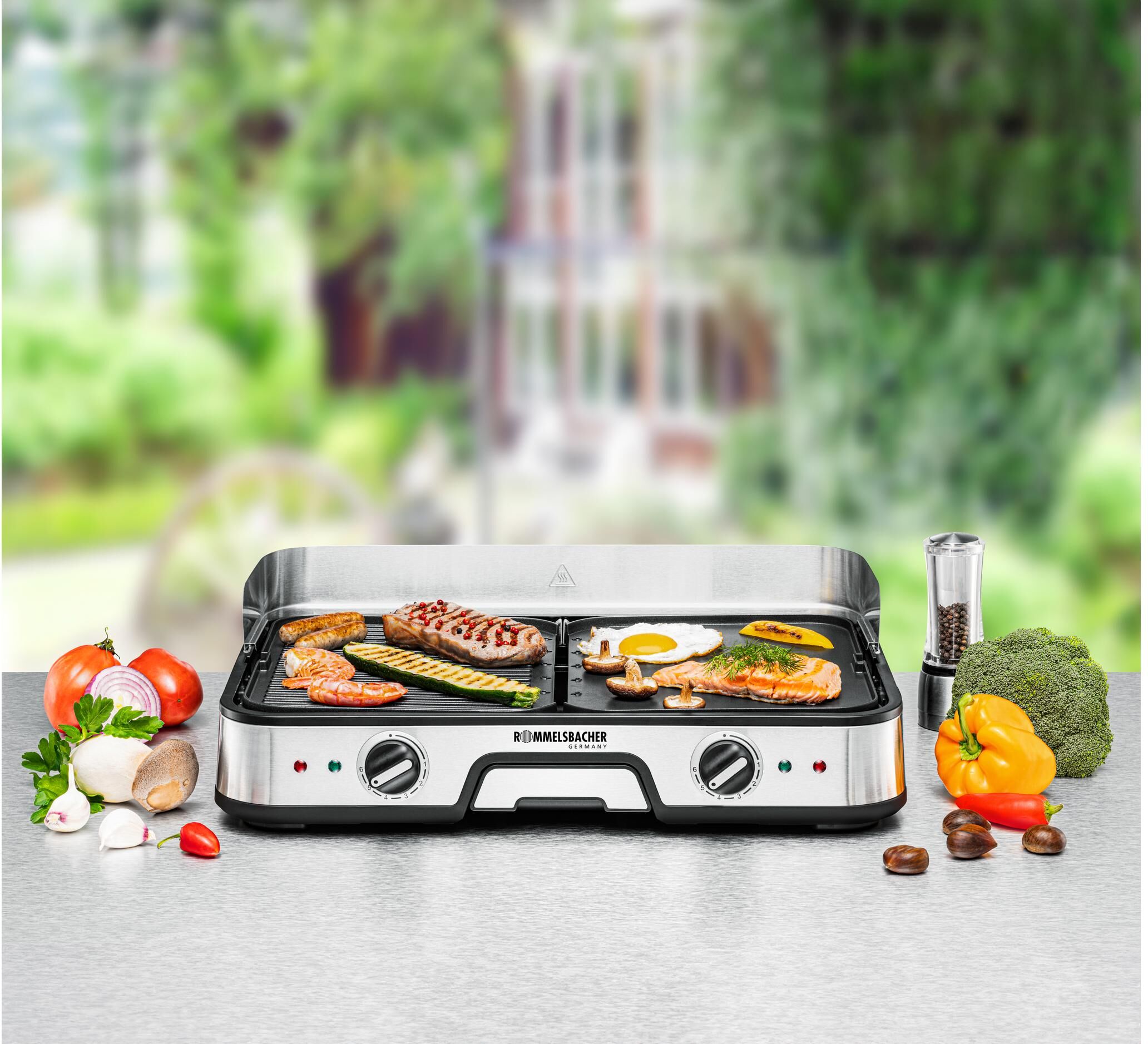 Tischgrill ROMMELSBACHER "BBQ 2025", silber (silberfarben), B:52cm H:36cm T:14,5cm, Kontaktgrill_Standgrill_Tischgrill_Teppanyakigrill, Tischgrill silberfarben Einheitsgröße