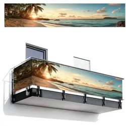 BALKON-SICHTSCHUTZ Strand - Palmen - Meer - Sonnenuntergang Groß 500x95 cm
