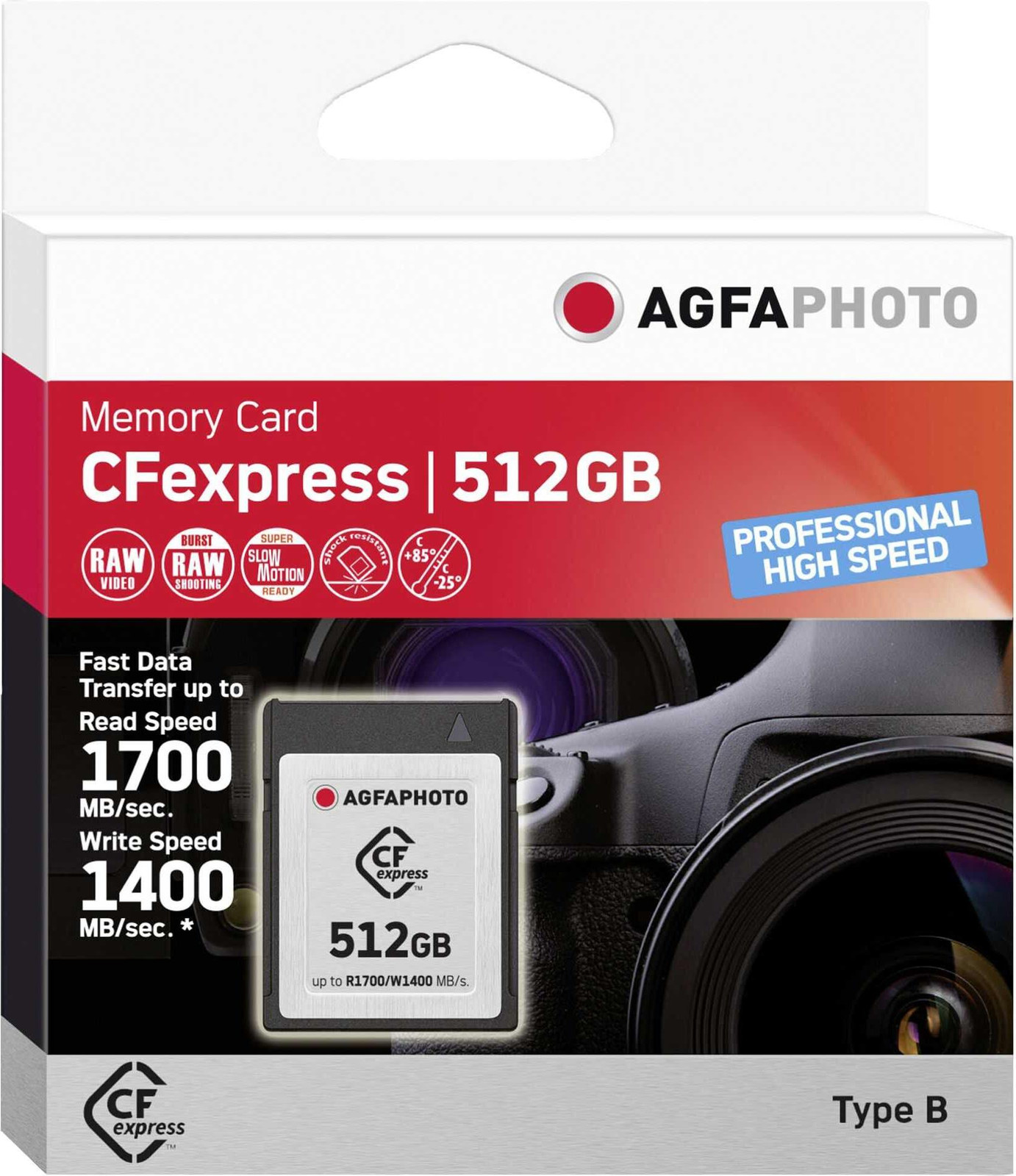AgfaPhoto CFexpress Professional 512 GB CFexpress NAND geheugenkaart met 1700 MB/s lees- en 1400 MB/s schrijfsnelheid